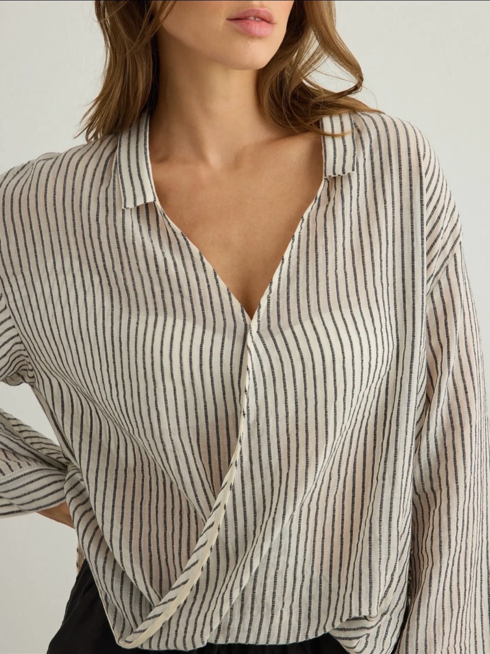 Striped Collared Wrap Blouse in Cream and Black